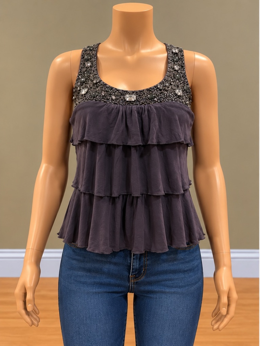American Eagle Gray Beaded Embellished Tiered Ruffle Racerback Tank Top S NWOT